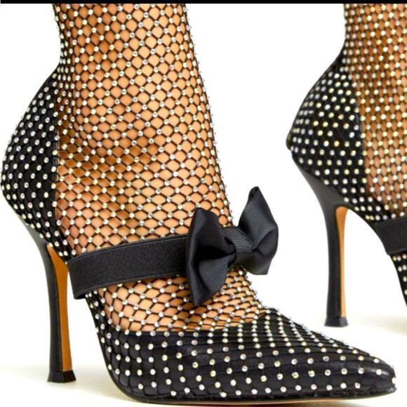 BLACK FISHNET DIAMANTE ANKLE BOOTIE WITH BOW - Picture 2 of 6